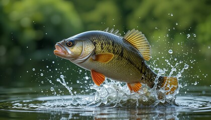 Big freshwater perch jump out splashing water on green nature background.