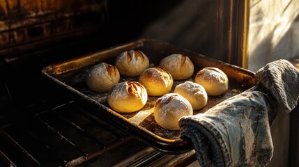 Baking tray coming out of the oven with multiple small round loaves, oven mitts and shadows only (no hands) 