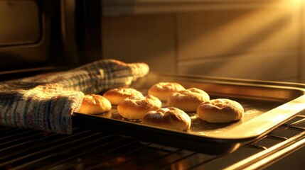 Baking tray coming out of the oven with multiple small round loaves, oven mitts and shadows only (no hands) 