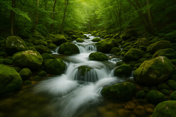 Peaceful mountain stream flowing through lush green forest