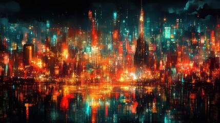 Obraz premium Futuristic Metropolis Nightscape Vivid Urban Illumination Complex Cityscape Visual Spectacular Glowing Abstract Design