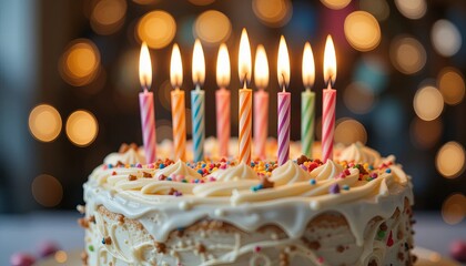 Birthday cake with candles, bright lights bokeh.