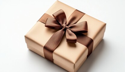Obraz premium Elegant gift box with brown satin ribbon on white background ideal for celebrations and special occasions