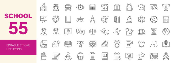 School icon set. Containing education, learning, teacher, book, E-learning, graduation, school subjects, classroom, students and more. Editable line icons. Vector illustration.