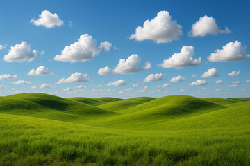 Fototapeta premium Scenic Green Hills Under Blue Sky with Fluffy White Clouds