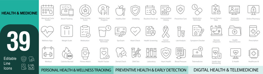 Health & Medicine &ndash; 39 Editable Line Icons for Health Tracking, Preventive Care & Telemedicine | Vector Set in AI, EPS, SVG | Designed in Adobe Illustrator