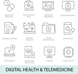 Digital Health & Telemedicine – 12 Editable Line Icons for Telemedicine, Health App Monitoring & Online Medical Services | Vector Set in AI, EPS, SVG | Designed in Adobe Illustrator