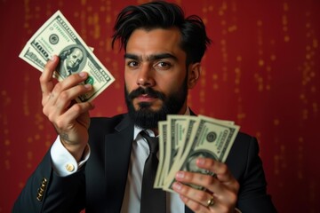 Man holds cash. Man in black suit holding dollar bills celebrating suc