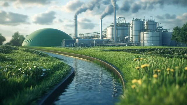 A scenic biogas facility showing a green balloon digester and upgraded RNG pipeline, surrounded by lush greenery and a winding stream, emphasizing sustainable fuel production in harmony with nature.