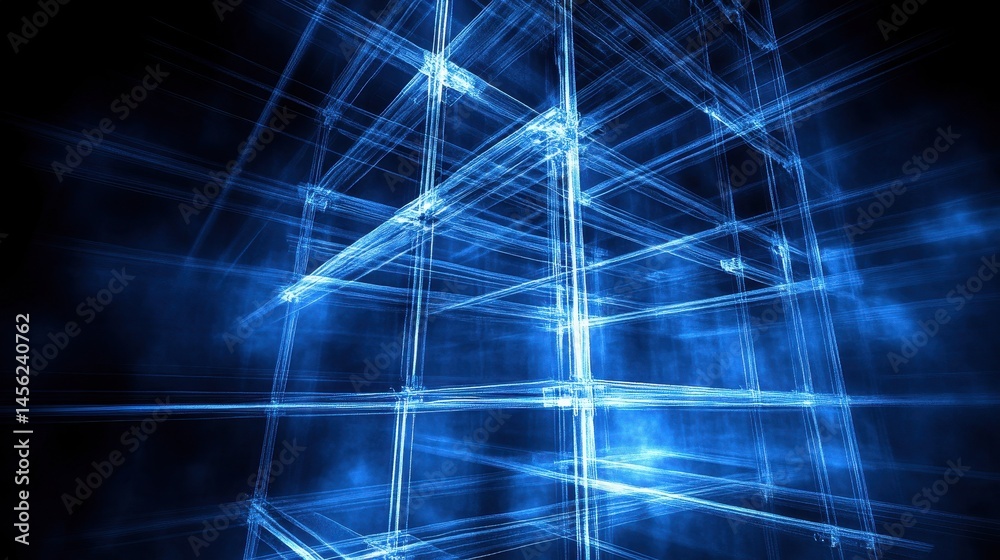 Poster futuristic digital matrix structure with blue light trails and network connections forming a modern 