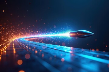 Energy in motion. Train hurtles forward with intense burst of energy radiating outward from its luminous front end.