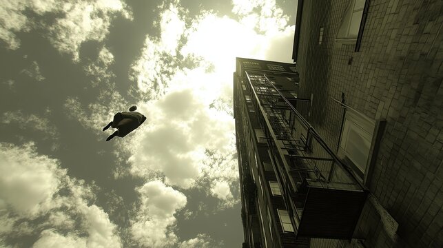 Urban freefall adventurous extreme sport daring descent from skyscraper against cloudy sky exhilarating adrenaline rush aerial pursuit