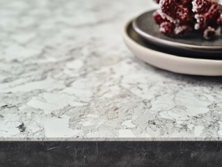 Fototapeta premium Close-up of gray and white countertop with plates and food on top.