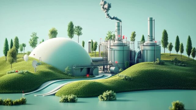 Stylized biogas plant with a dome-shaped digester and upgraded RNG pipeline infrastructure surrounded by rolling green hills and water channels, visualizing clean energy in an eco-friendly environment