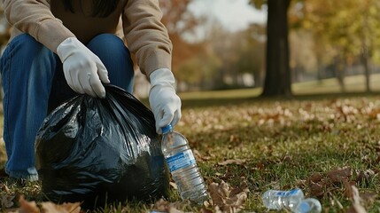 Person cleaning up litter in a park wearing gloves and face mask