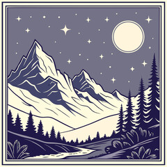 Wilderness Silhouette with Pine Trees and Full Moon Minimal Vector Nature Design