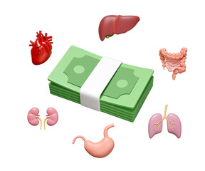 Money for medical expenses concept with stack of banknotes, Heart, liver, lungs, intestine, kidney, stomach isolated. 3d illustration render