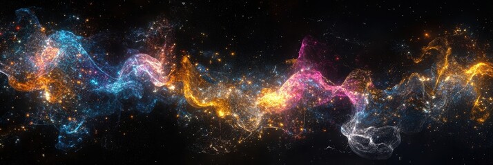 Vibrant cosmic nebulae stream across a starry universe in spectacular multicolored swirls of blue, pink, and gold light against a dark space background. Organizational innovation visualized