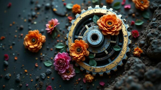 A weathered metal gear adorned with vibrant orange and pink flowers, blending mechanical and natural elements.