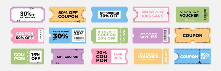 Coupon. Discount offer. Gift voucher, price tag, sale ticket for marketing, online store, promotion. Shopping coupons with scissors cut dotted line, percent sign. Vector set