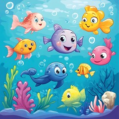 Naklejka premium Marine Life: Delightful illustration of adorable fish and aquatic elements, offering a vibrant underwater scene, showcasing the charm of sea life. 