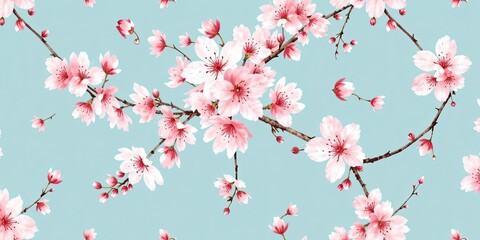 Delicate Watercolor Cherry Blossom Seamless Pattern on Aqua Blue