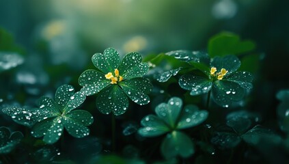 Dew-kissed clover blossoms in vibrant green