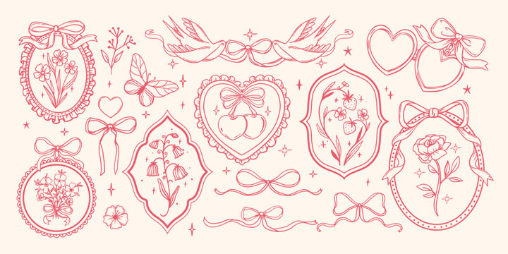Vintage ribbon frame. Retro floral bows. Hand drawn elegant coquette flower, butterfly, heart, bird, cherry elements. Ornate decor frame for invitation. Vector set