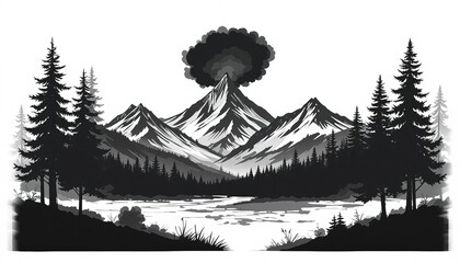 Black silhouette of mountains and fir trees camping adventure wildlife landscape panorama illustration icon vector for logo, isolated on white background.