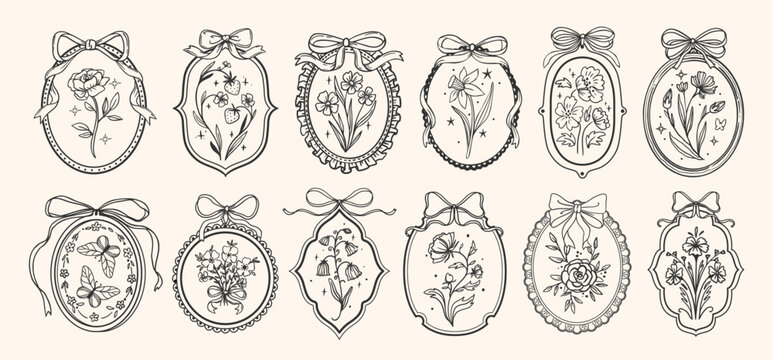 Vintage frame with bow. Coquette border with flower. Hand drawn coquettish ribbon with elegant girly elements. Retro flowers, bows, floral accessory. Vector decor set