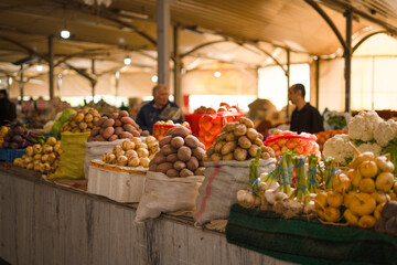 Colorful Fresh Vegetable Stand at a Local Indoor Farmer's Market