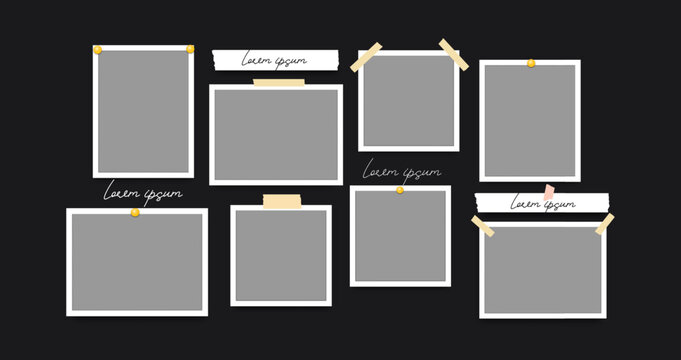 Photos frame composition. Empty photo frames hanging on wall. Abstract picture card mockup. Collage simple frames. Border holder with pin, gallery wall. Digital vector set