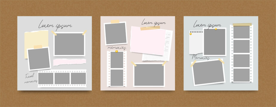 Empty photo frames. Blank frame collage. Memories creativity mood board. Minimalist photo frame with notice, paper sheet, pin and tape. Digital scrapbook wall. Vector set