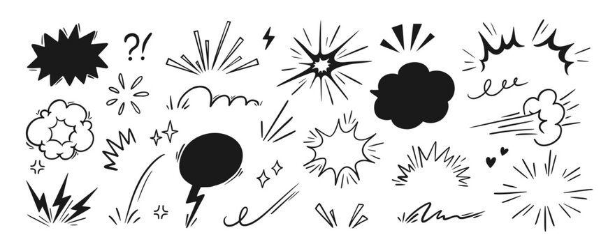Comic explosion. Doodle boom bomb effects. Hand drawn line action lines, dynamic shape, burst, speech bubble, cloud puff, zap effect. Outline comic book sticker. Vector set