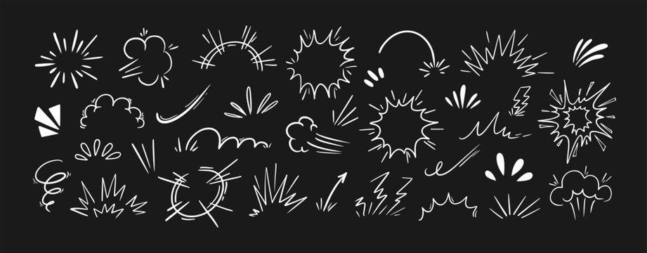Line explosive effect. Comic doodle boom, bang bomb explosion. Hand drawn burst, steam cloud, speed bang elements, smoke, gas puffs, splash. Vector collection