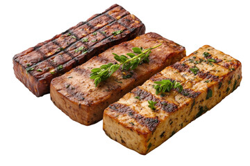 Savor the Flavor: Delicious Marinated Tempeh, Tofu, and Seitan Steaks, Ready to Grill or Pan-Fry! on transparent background