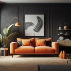Black mock up wall with orange sofa in modern interior background, living room, Scandinavian style, 3D render, 3D illustration.