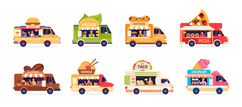 Food truck. Mobile kitchen on wheels. Street food car. Vehicles serving meals, dining vendo. Taco, ice cream trucks, drink wagon, burger van. Urban and festival cuisine. Vector set