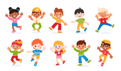 Happy kids. Cartoon playful boys and girls. Funny child characters jumping, dancing, playing. Cute kid activities. School, kindergarten smiling children in different poses, vector set