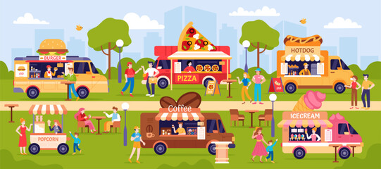 Street food festival. Park food truck. People buying and eating snacks, meals, drinking drinks, coffee. Fair with mobile cafe, vans. Food takeaway. Fest banner vector illustration