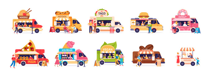 Street food trucks. Summer food festival. Street trucks, mobile cafe, carts, van cars with kiosk vendors, merchants and customers buy, eat fast food at outdoor markets. Vector set © Foxy Fox