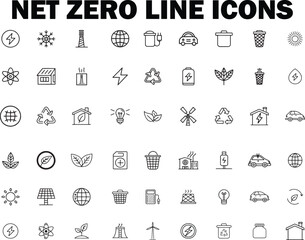 Net Zero Line Icons Set  Recycle, Electric Car, Solar Energy, Organic, Thin Outline Vector Pack