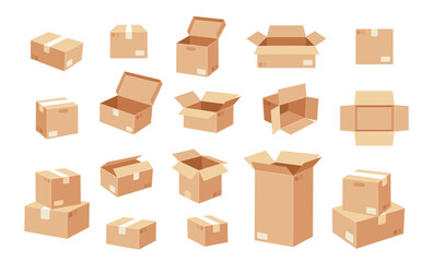 Cardboard boxes. Cartoon packaging box. Various brown corrugated stacked, labeled, open and close boxes for packing, logistics, delivery, moving. Kraft paper supplies. Vector set