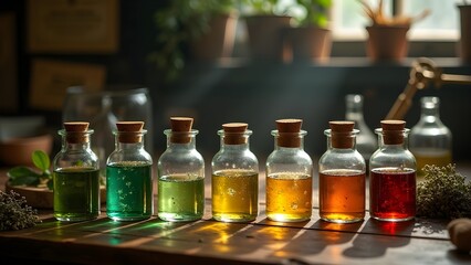 Colorful Alchemic Potions: Herbal Elixirs in Glass Bottles with Cork Stoppers on Wooden Table