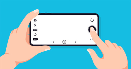 Taking photo with smartphone. Using mobile phone camera for making picture. Finger touching button on smartphone. Hand holding device. Media content creation. Vector concept