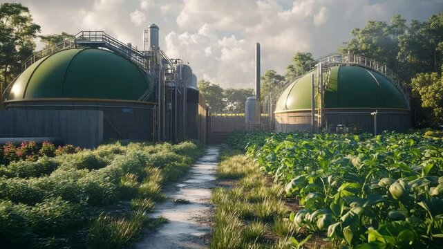 Biogas facility with green dome digesters next to farmland, illustrating raw biogas collection and upgraded RNG pipeline systems in a rural, eco-friendly setting with crops and forest surroundings.