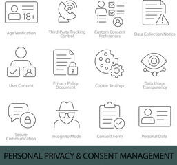 Personal Privacy & Consent Management Icons &ndash; 12 Editable Line Icons for User Consent, Data Privacy, and GDPR Compliance | Vector Set in AI, EPS, SVG | Designed in Adobe Illustrator