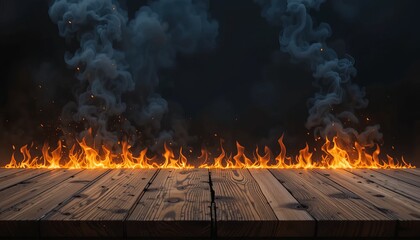 Blank wooden table with fire burning at the edge of the table, fire sparks and smoke with flames on a dark background to display products.