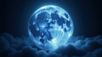 Mystical Blue Moon Above Cloudscape Celestial Night Scene Fantasy Art