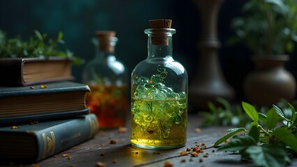 Vintage herbal medicine preparation: bottle with herb infusion and old books still life